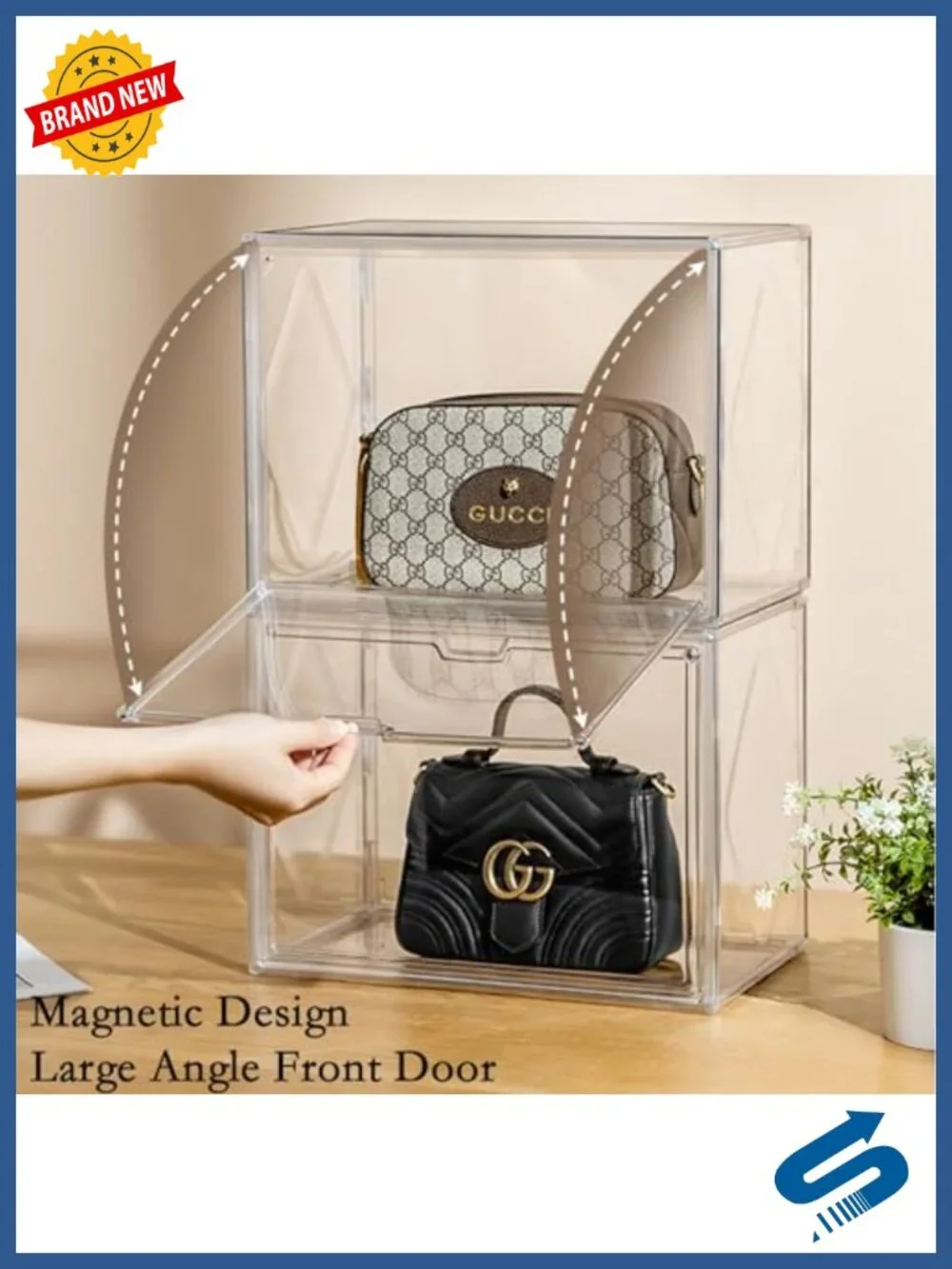 3 Pack Clear Plastic Handbag Display Case with Magnetic Drop Front